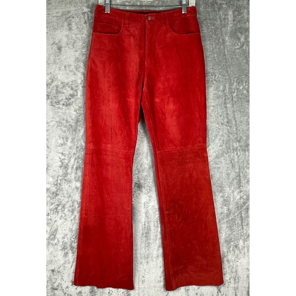 Vintage Express Suede‎ Leather Pants Womens 7/8 (28x31) Red Flare Leg Y2K Read